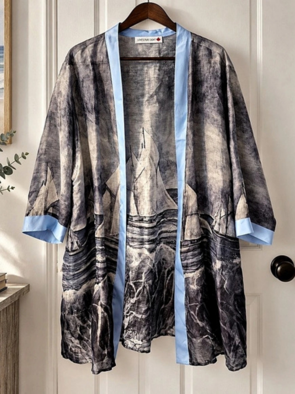 Love's Pure Light Silk Linen Sailboat Kimono Blue Trim Pockets